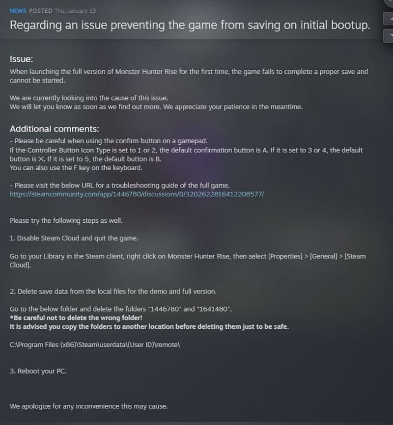 Capcom's official statement on the bug, published on Steam (Image via Valve)